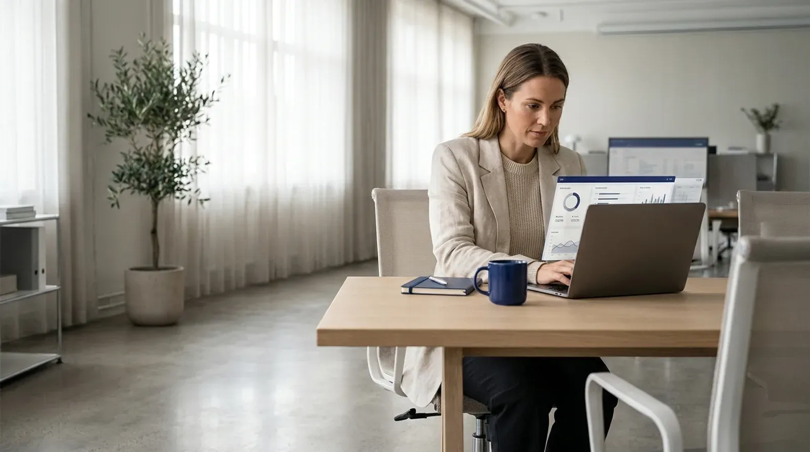 Une professionnelle analyse les statistiques de recherche de son site web sur un ordinateur portable dans un bureau lumineux