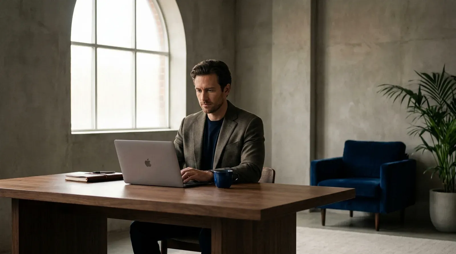 Un indépendant travaille avec concentration sur son ordinateur portable dans un espace de travail épuré