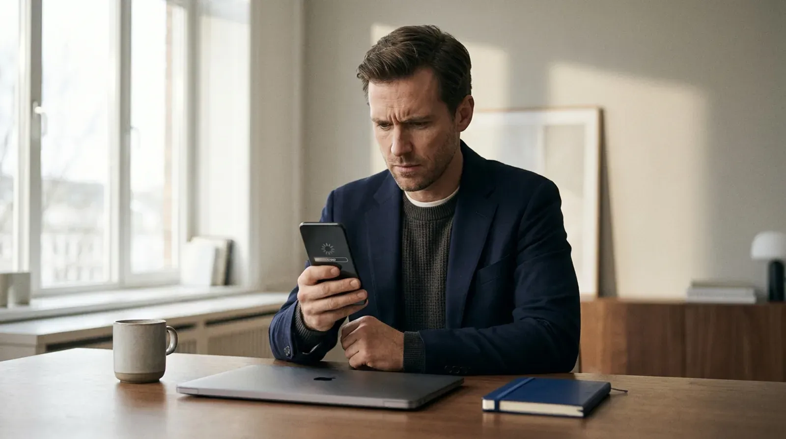 Un professionnel consulte son site sur un smartphone au bureau, illustration des signaux qui poussent à envisager une refonte.
