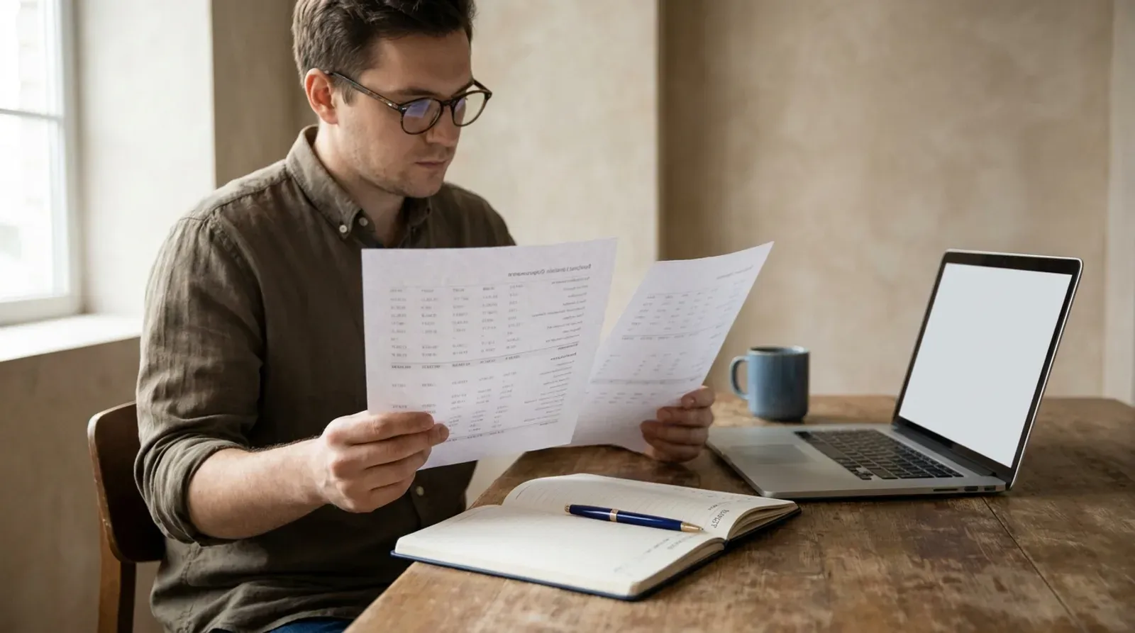 Un dirigeant compare des devis et un carnet de budget sur son bureau, en écho au coût d'une refonte de site internet.