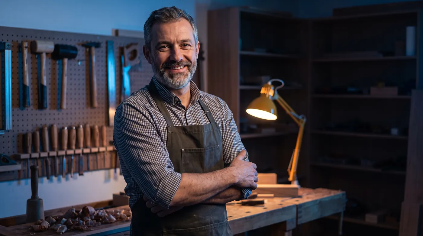 Artisan dans son atelier, ambiance premium au ton bleu Inleven