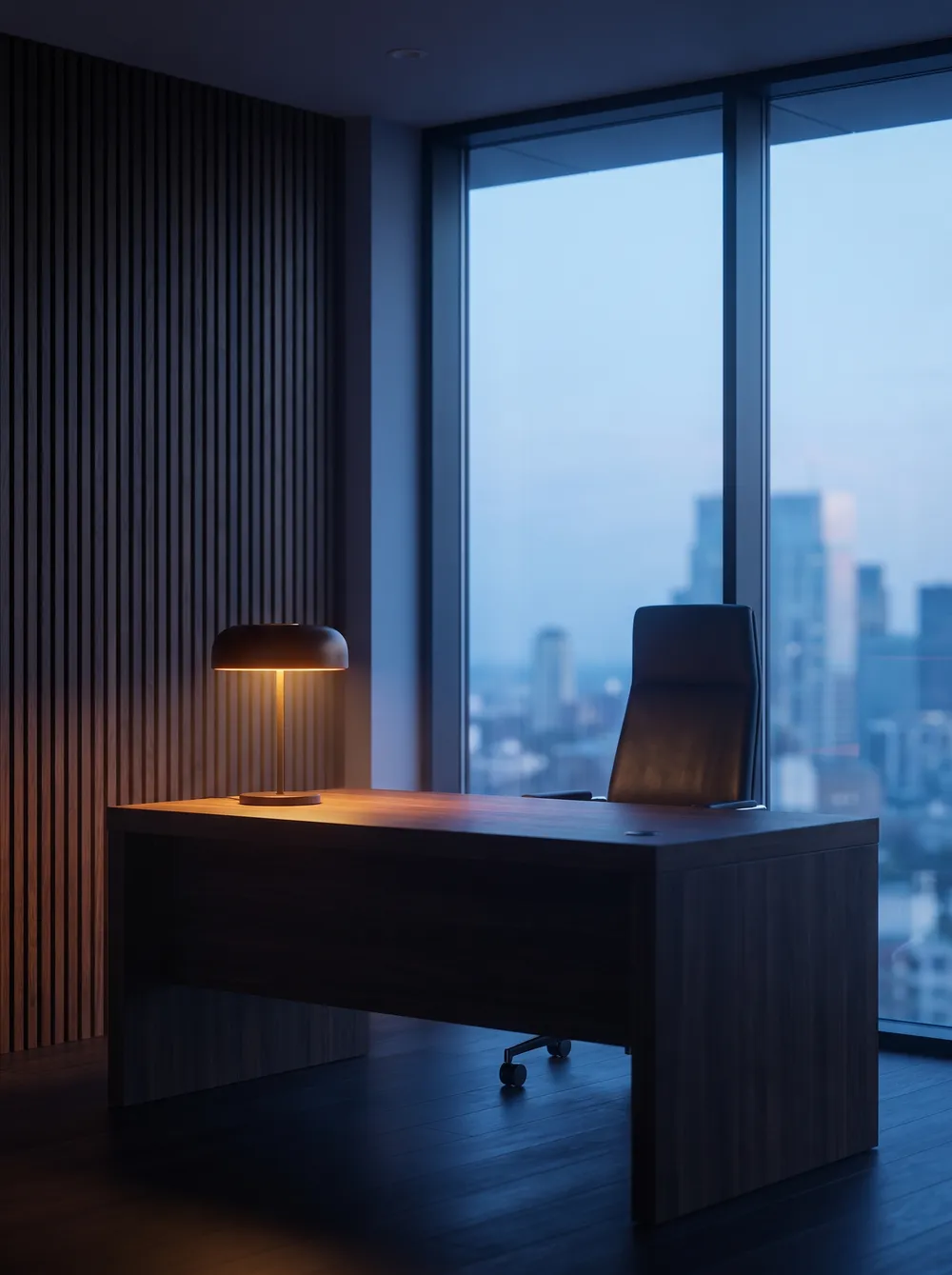 Bureau de cabinet d'avocats moderne à l'heure bleue, ambiance premium au ton Inleven