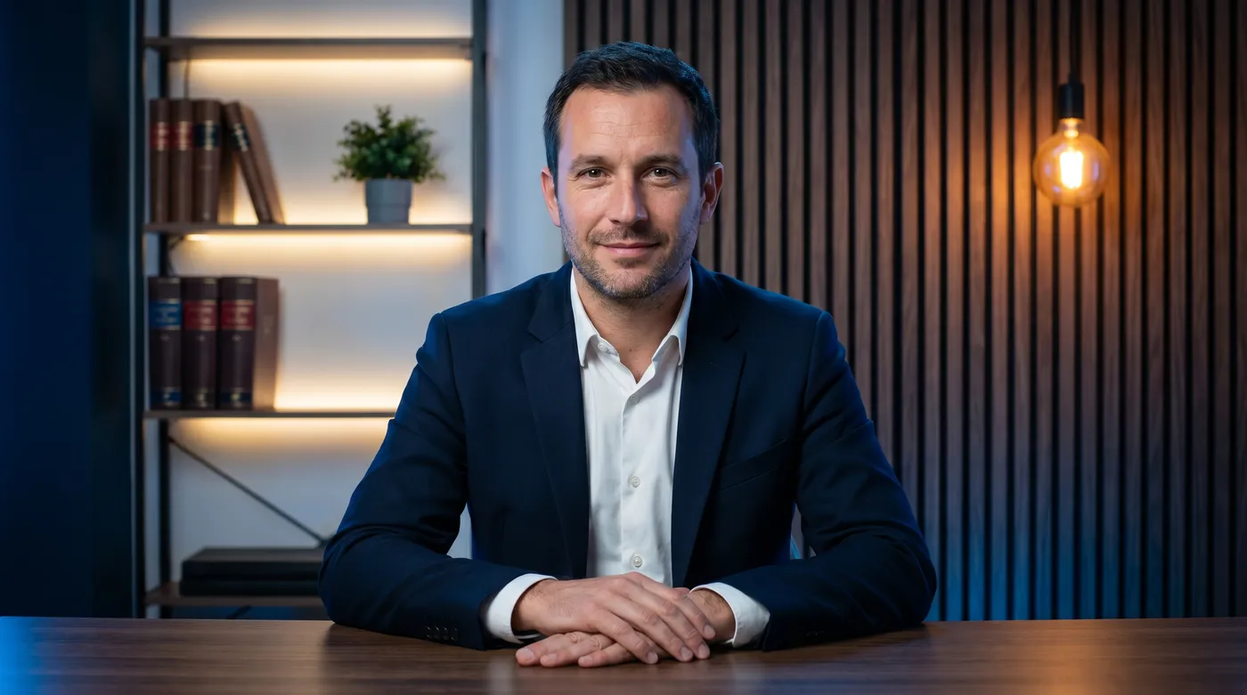 Avocat en cabinet, portrait éditorial premium au ton bleu Inleven