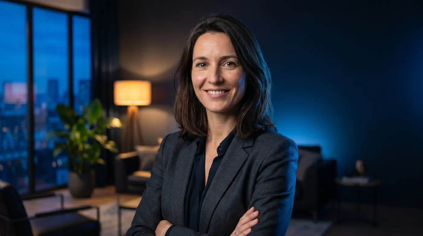 Agent immobilier dans un bien moderne, ambiance premium au ton bleu Inleven