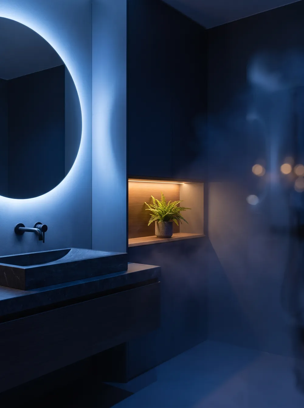 Salle de bain moderne premium à l'heure bleue, ambiance Inleven