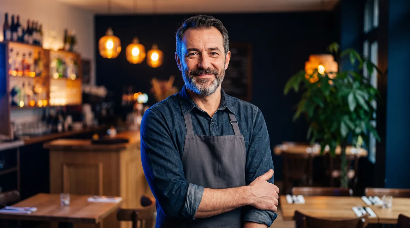Restaurateur dans son bistro moderne, ambiance premium au ton bleu Inleven