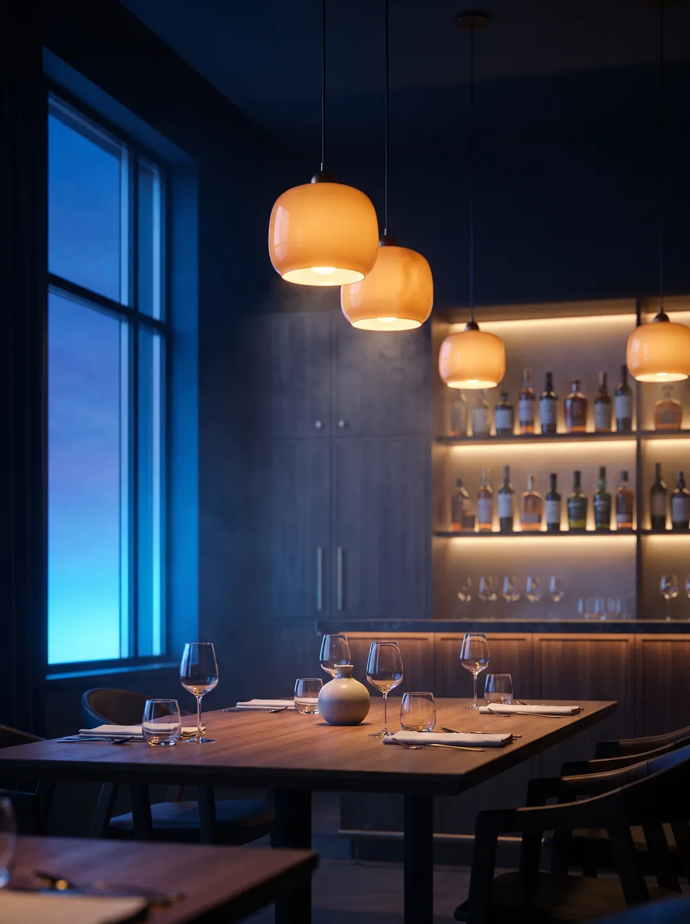 Intérieur de bistro moderne à l'heure bleue, site de restaurant premium par Inleven